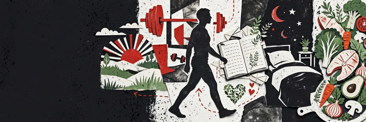 Editorial collage of walking, strength training, journaling, sleep, and whole-food nutrition